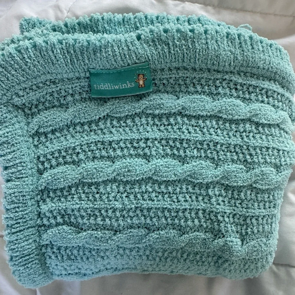 Tiddliwinks Aqua Teal Blue Chenille Baby Blanket Sweater Cable Knit Soft Rare